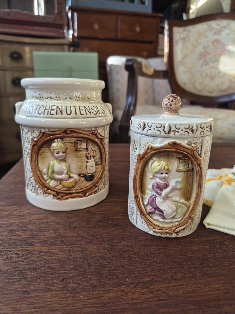 Ceramic Kitchen Canisters with Vintage Girl Reliefs - Cream and Brown VINTAGE